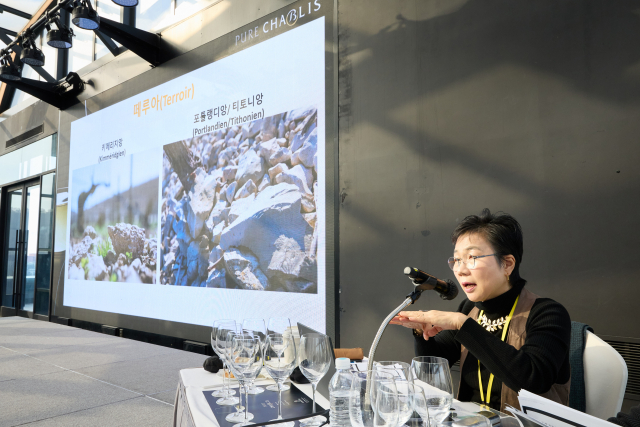 이인순 원장이 샤블리 와인 마스터클래스에서 토양에 대해 설명하고 있다