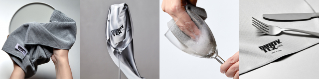 버디텍스 제품 4종. 상단 왼쪽부터 시계방향으로 키친타월, 글라스 타월, 글라스 스펀지, 폴리싱 클로스