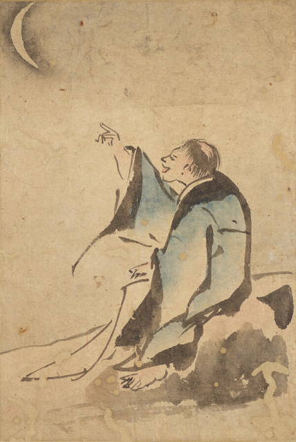 문월(問⽉), 탄은 이정(李霆), 지본담채 24.0×16.0cm. 그믐달이 으스름하게 빛나는 산허리 바위에 걸터앉은 고사가 손을 들어 달을 가리킨다. 도포 한 자락만 걸친 듯 입고 있을 뿐 더벅머리와 맨발의 격식 없는 모양새는 세속에서 벗어난 경지를 말해준다. 달을 바라보며 얼굴에 가득 담은 천진한 웃음은 세상 바깥의 이치를 깨달은 희열일 것이다. 충남 공주(公州)의 탄천(灘川)에 ‘달이 먼저 오는 정자(⽉先亭, 월선정)’라 이름 짓고 은거했던 탄은 이정이 이런 모습이었을지도 모르겠다