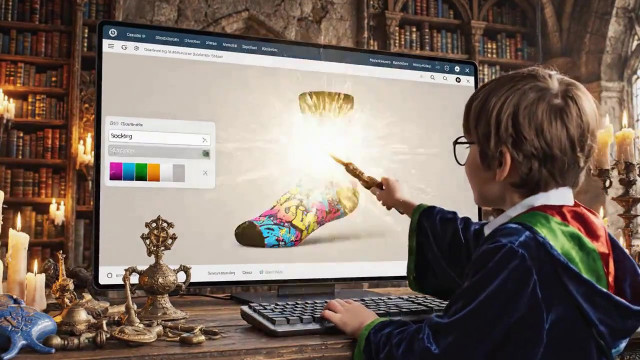 양말제작업체 삭스킹의 3D 커스터마이징 플랫폼 콘셉트 이미지. 마법 지팡이를 휘두르듯 누구나 쉽고 창의적으로 나만의 양말을 디자인할 수 있는 플랫폼의 혁신성을 상징적으로 표현했다