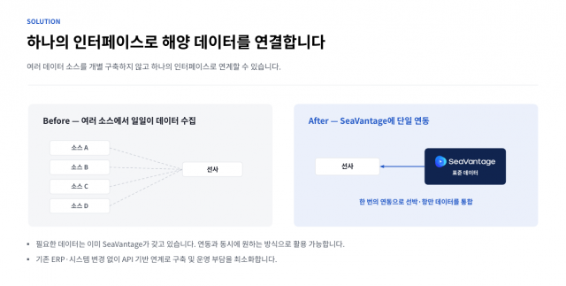 씨벤티지가 ‘2026년 제2차 해양산업 AI 전환 실무협의회’에서 소개한 해양 데이터 연계 구조. 여러 소스에서 개별 수집하던 선박·항만 데이터를 표준화해 하나의 인터페이스로 기존 운영 시스템에 연계하는 방식을 보여준다(제공=씨벤티지)